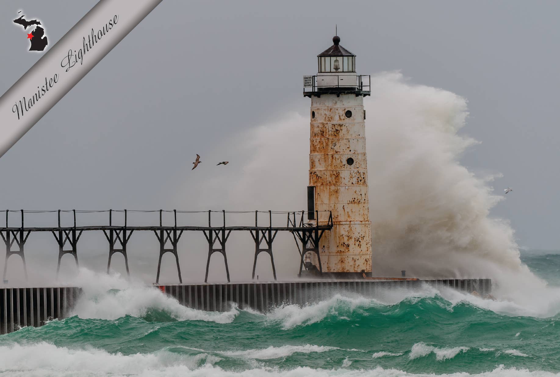 MANISTEE LIGHTHOUSE - DURING STORM - Michigan Postcard