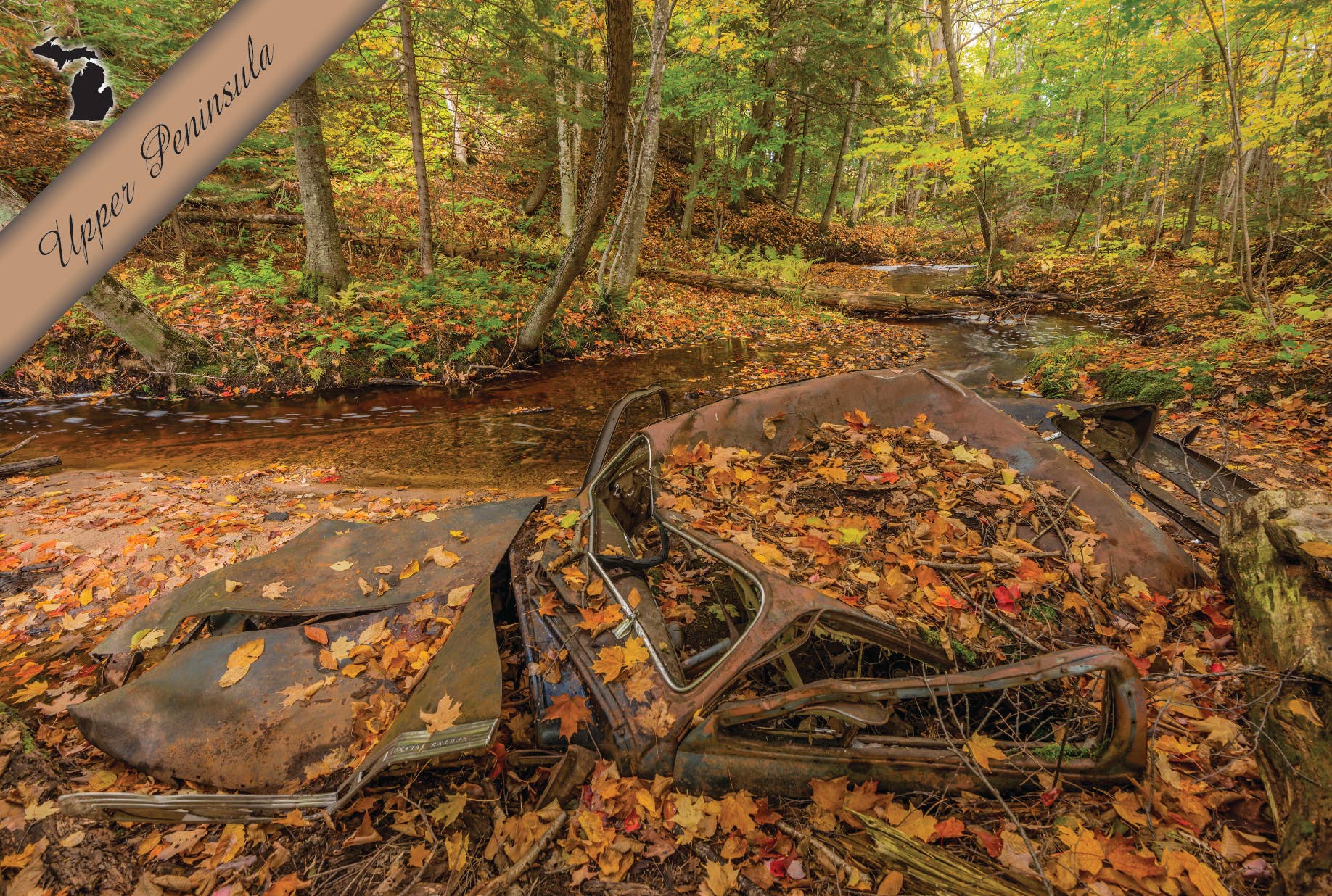 OLD CAR IN CREEK - Michigan Postcard