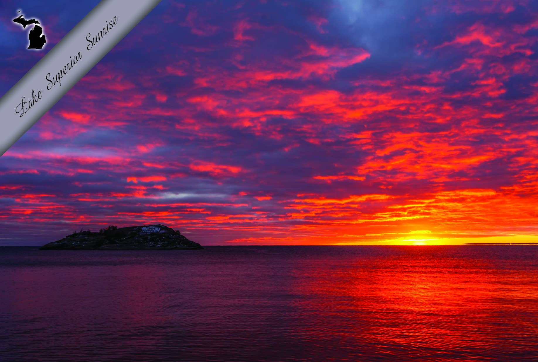Image of LAKE SUPERIOR SUNRISE - Michigan Postcard - Red Reflections