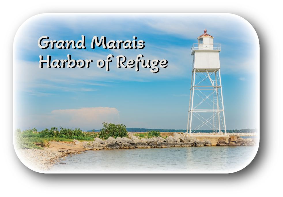 GRAND MARAIS - HARBOR OF REFUGE - Lighthouse - Rectangular Button Magnet - 2.75" x 1.75"