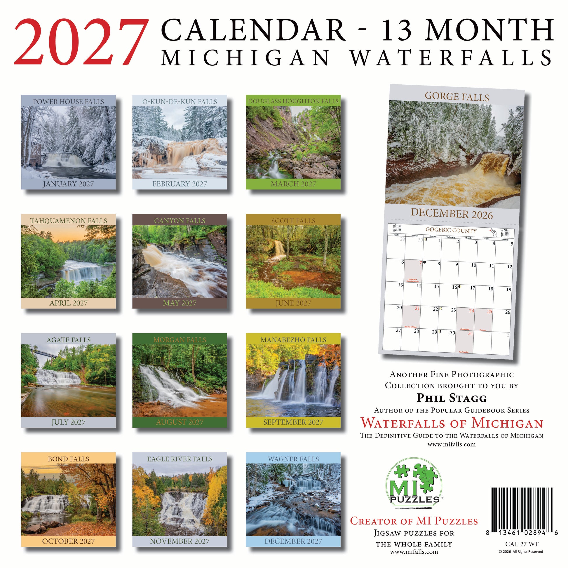 2027 MICHIGAN WATERFALLS - 13 month Wall Calendar (12"x12")