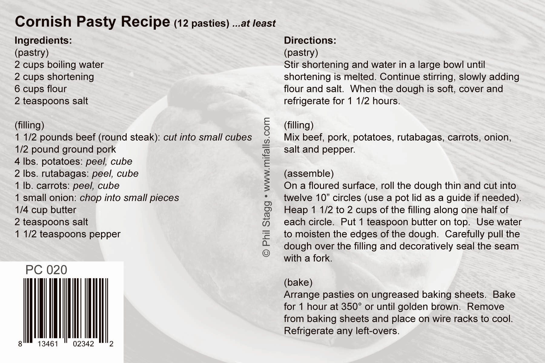 CORNISH PASTY RECIPE - 4"x6" Postcard