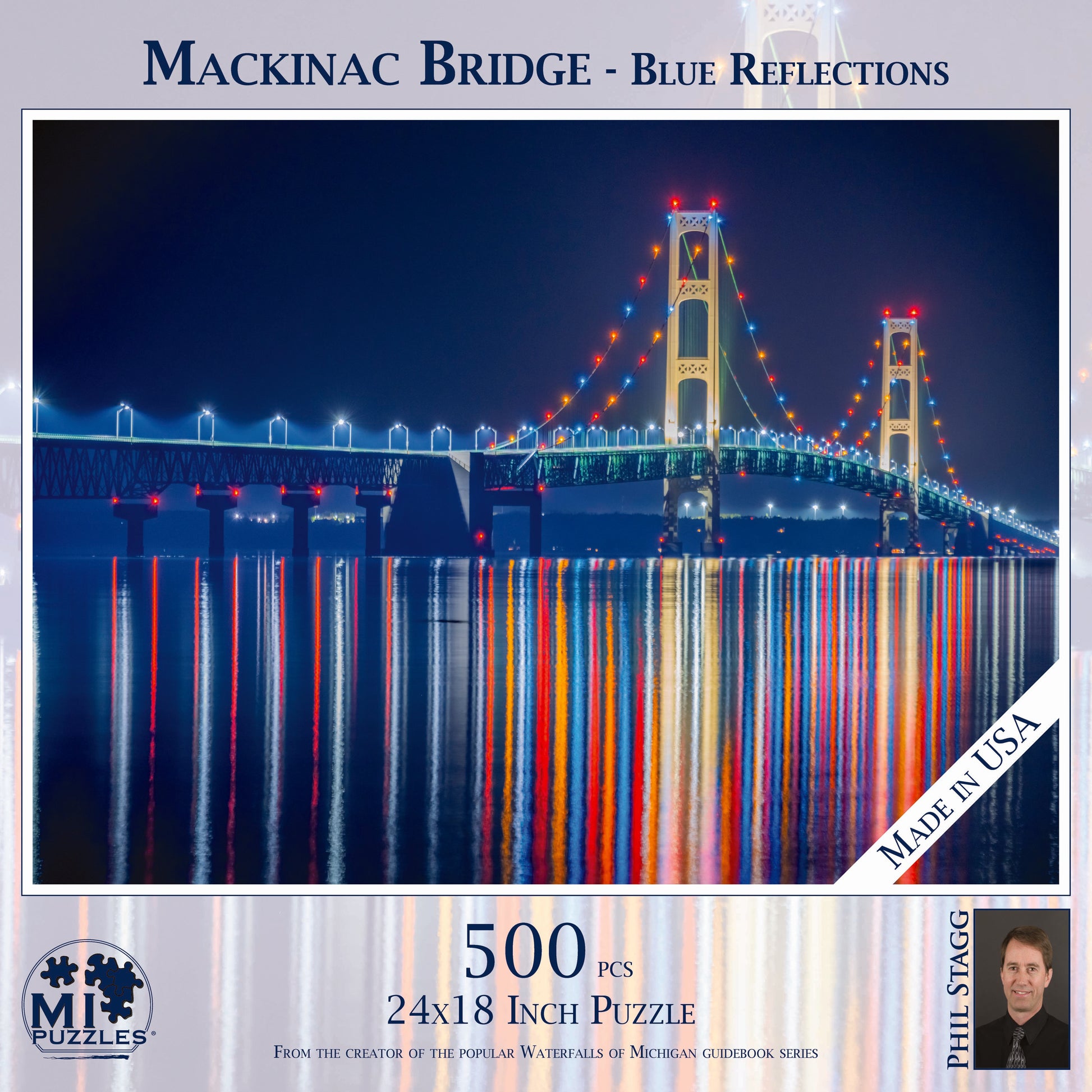 Mackinac Bridge - Blue Reflections - 500 Piece Jigsaw Puzzle - MI Puzzles by Phil Stagg Photography