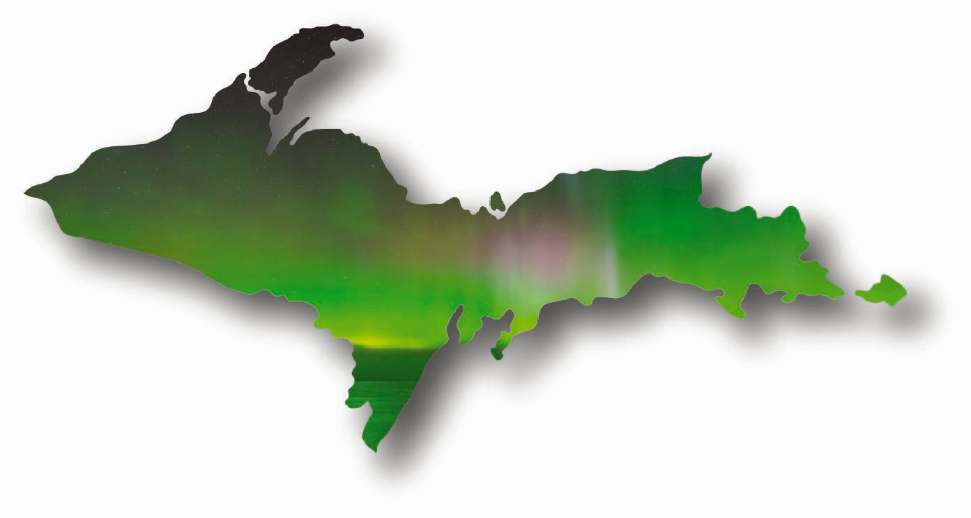 Image of UPPER PENINSULA OUTLINE NORTHERN LIGHTS VINYL STICKER 4.5