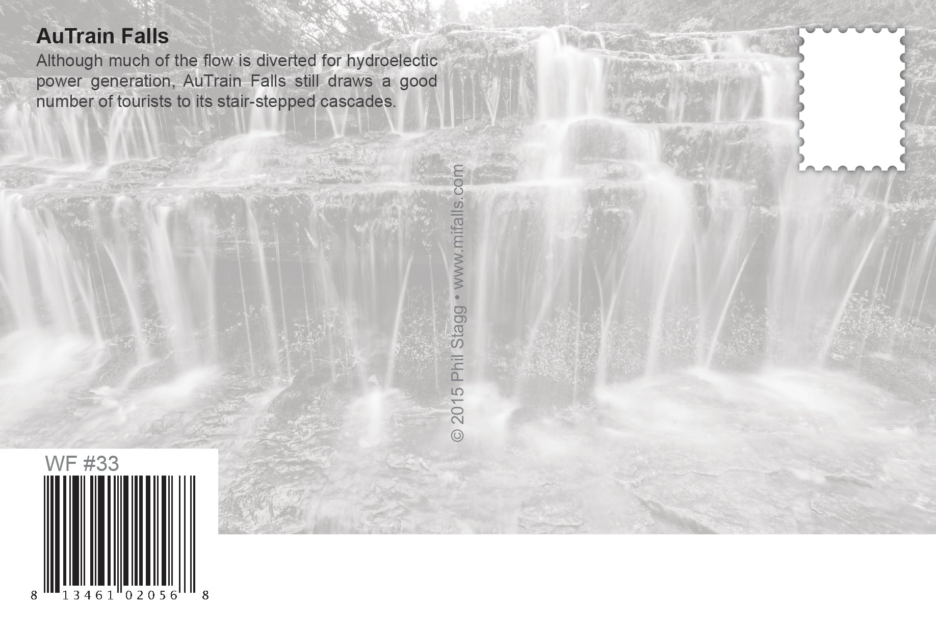 Framed photograph of AuTrain Falls with text and a barcode on a white background