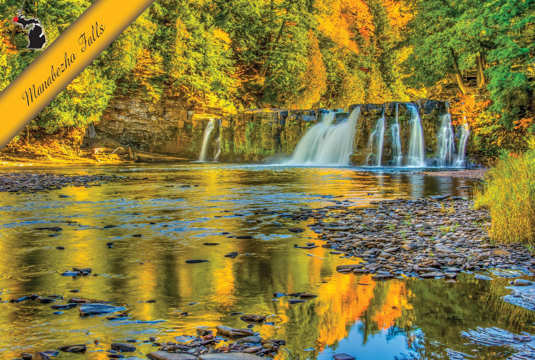 Image of MANABEZHO FALLS - AUTUMN - Michigan Postcard