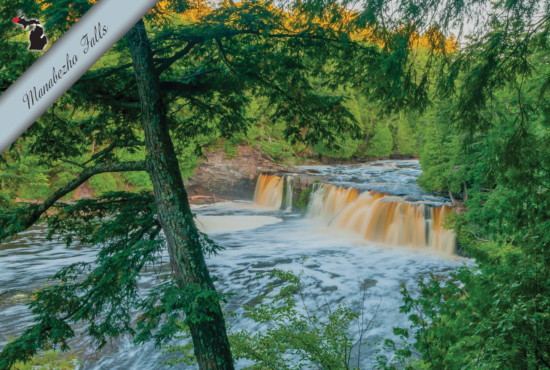 MANABEZHO FALLS - SUMMER - Michigan Postcard