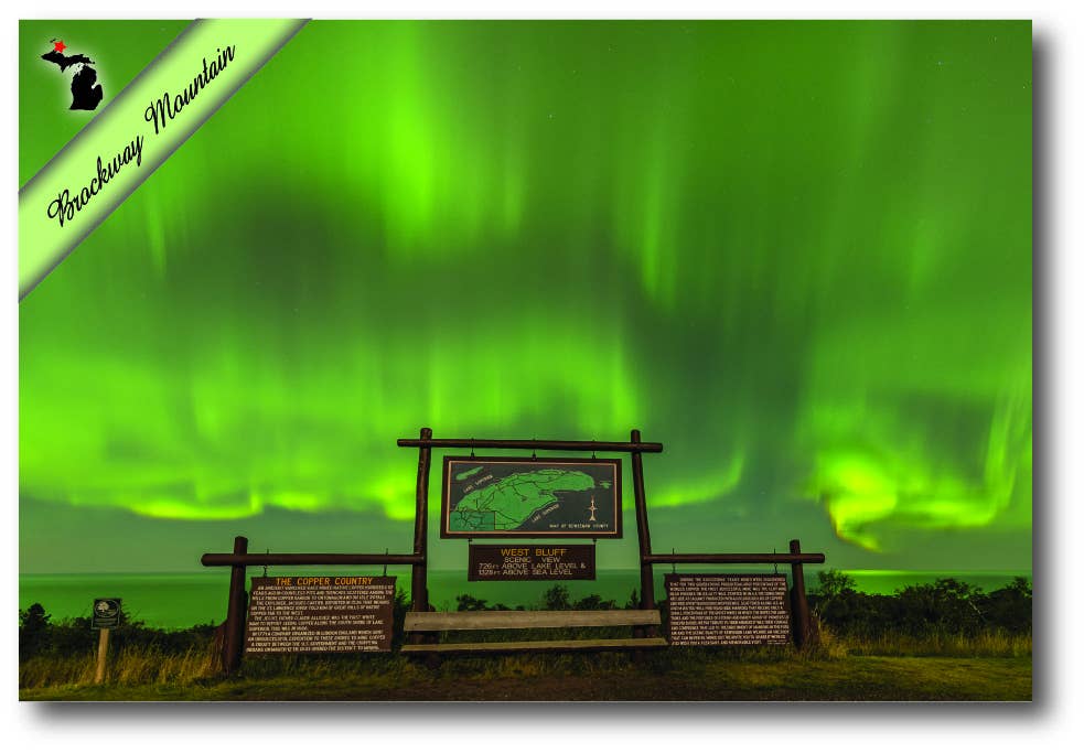 NORTHERN LIGHTS - BROCKWAY MOUNTAIN SIGN - Michigan Postcard